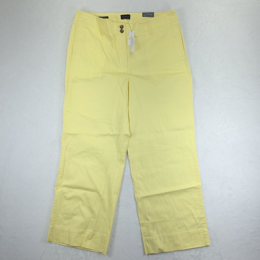 Talbots New England Chino Wide Leg Pants Women's 14 Petite Yellow High Rise NWT